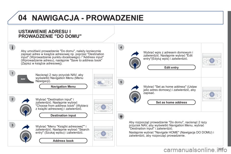 PEUGEOT 3008 2011.5  Instrukcja obsługi (in Polish) 269
04
1
2
3
5
4
  NAWIGACJA - PROWADZENIE
 
 
USTAWIENIE ADRESU I 
PROWADZENIE "DO DOMU" 
Nacisnąć 2 razy przycisk NAV, aby
wyświetlić Navigation Menu (Menu 
Nawigacji).     
Aby umożliwić prow