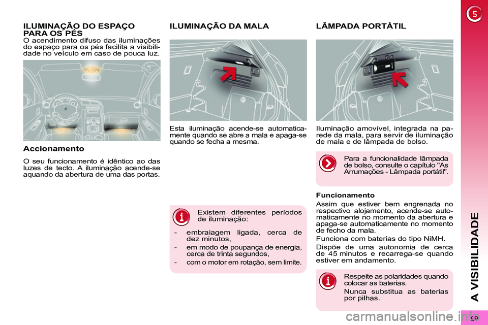PEUGEOT 3008 2011.5  Manual de utilização (in Portuguese) 99
A VISIBILIDADE
  Existem diferentes períodos 
de iluminação:    Esta iluminação acende-se automatica-
mente quando se abre a mala e apaga-se 
quando se fecha a mesma. 
   
 
 
 
 
 
 
 
ILUMIN