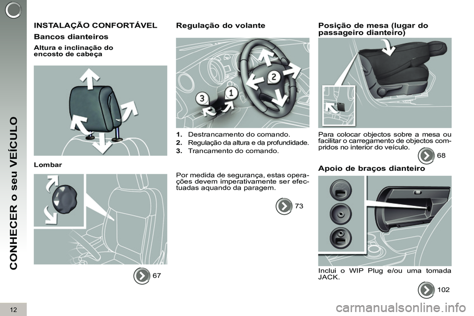 PEUGEOT 3008 2011.5 Manual de utilização (in Portuguese) 12
CONHECER o seu VEÍCULO
INSTALAÇÃO CONFORTÁVEL
Bancos dianteiros
Altura e inclinação do
encosto de cabeça
Lombar
67
Regulação do volante
1.
Destranca PEUGEOT 3008 2011.5 Manual de utilização (in Portuguese) 12
CONHECER o seu VEÍCULO
INSTALAÇÃO CONFORTÁVEL
Bancos dianteiros
Altura e inclinação do
encosto de cabeça
Lombar
67
Regulação do volante
1.
Destranca