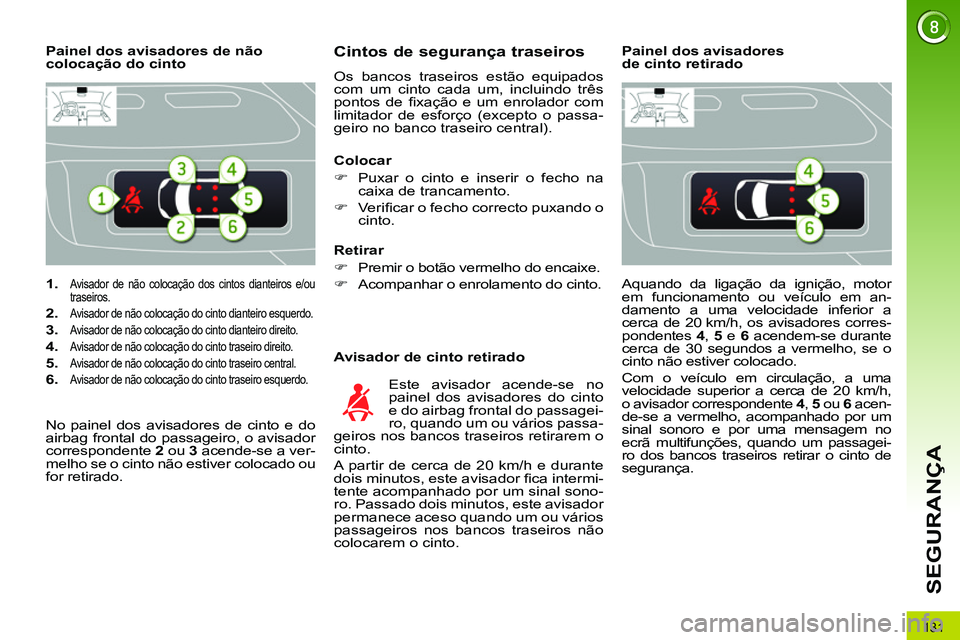 PEUGEOT 3008 2011.5  Manual de utilização (in Portuguese) 131
SEGURANÇA
   
 
1. 
 Avisador de não colocação dos cintos dianteiros e/ou 
traseiros. 
   
2. 
 Avisador de não colocação do cinto dianteiro esquerdo. 
 
 
3. 
 Avisador de não colocação
