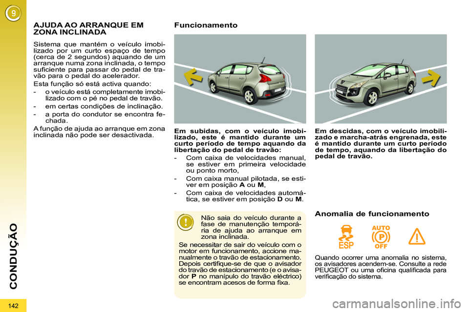 PEUGEOT 3008 2011.5 Manual de utilização (in Portuguese) 142
CONDUÇÃO
AJUDA AO ARRANQUE EM
ZONA INCLINADA
Sistema que mantém o veículo imobi-
lizado por um curto espaço de tempo
(cerca de 2 segundos) aquando de um
arranque numa zona i PEUGEOT 3008 2011.5 Manual de utilização (in Portuguese) 142
CONDUÇÃO
AJUDA AO ARRANQUE EM
ZONA INCLINADA
Sistema que mantém o veículo imobi-
lizado por um curto espaço de tempo
(cerca de 2 segundos) aquando de um
arranque numa zona i