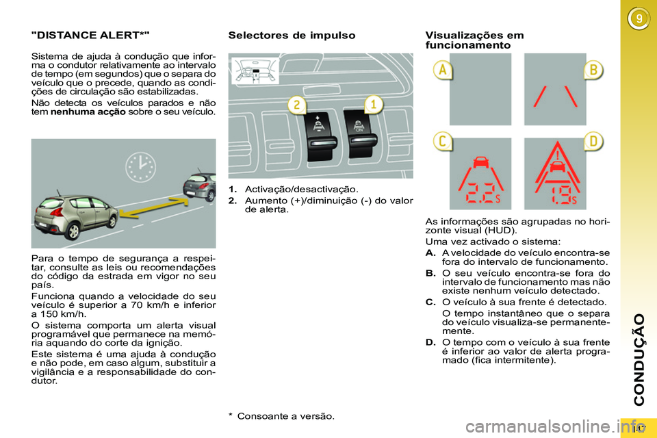 PEUGEOT 3008 2011.5 Manual de utilização (in Portuguese) 147
CONDUÇÃO
"DISTANCE ALERT
* "
Para o tempo de segurança a respei-
tar, consulte as leis ou recomendações
do código da estrada em vigor no seu
país.
Funciona quando a velo PEUGEOT 3008 2011.5 Manual de utilização (in Portuguese) 147
CONDUÇÃO
"DISTANCE ALERT
* "
Para o tempo de segurança a respei-
tar, consulte as leis ou recomendações
do código da estrada em vigor no seu
país.
Funciona quando a velo