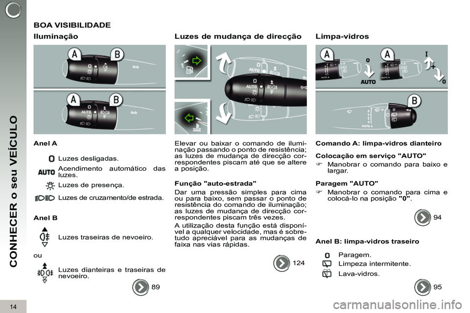 PEUGEOT 3008 2011.5 Manual de utilização (in Portuguese) 14
CONHECER o seu VEÍCULO
BOA VISIBILIDADE
Iluminação
Anel A
Luzes desligadas.
Anel B Luzes de presença.
Luzes de cruzamento/de estrada.
Luzes traseiras de nevoeiro.
PEUGEOT 3008 2011.5 Manual de utilização (in Portuguese) 14
CONHECER o seu VEÍCULO
BOA VISIBILIDADE
Iluminação
Anel A
Luzes desligadas.
Anel B Luzes de presença.
Luzes de cruzamento/de estrada.
Luzes traseiras de nevoeiro.