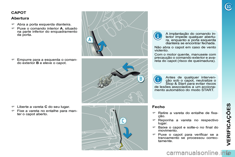PEUGEOT 3008 2011.5  Manual de utilização (in Portuguese) 167
VERIFICAÇÕES
   
 
 
 
 
 
 
 
 
 
 
CAPOT 
 
 
�) 
  Empurre para a esquerda o coman-
do exterior  B 
 e eleve o capot. 
   
�) 
  Liberte a vareta  C 
 do seu lugar. 
   
�) 
  Fixe a vareta n