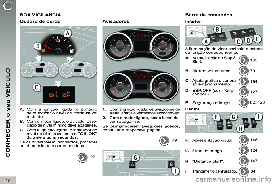 PEUGEOT 3008 2011.5  Manual de utilização (in Portuguese) 16
CONHECER o seu VEÍCULO
  BOA VIGILÂNCIA 
   
Quadro de bordo 
 
 
 
A. 
 Com a ignição ligada, o ponteiro 
deve indicar o nível de combustível 
restante. 
   
B. 
 
Com o motor ligado, o avis