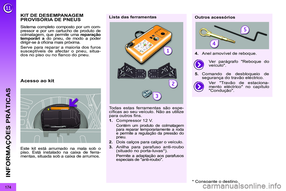 PEUGEOT 3008 2011.5 Manual de utilização (in Portuguese) 174
INFORMAÇÕES PRÁTICAS
KIT DE DESEMPANAGEM
PROVISÓRIA DE PNEUS
Este kit está arrumado na mala sob o
piso. Está instalado na caixa de ferra-
mentas, sit PEUGEOT 3008 2011.5 Manual de utilização (in Portuguese) 174
INFORMAÇÕES PRÁTICAS
KIT DE DESEMPANAGEM
PROVISÓRIA DE PNEUS
Este kit está arrumado na mala sob o
piso. Está instalado na caixa de ferra-
mentas, sit