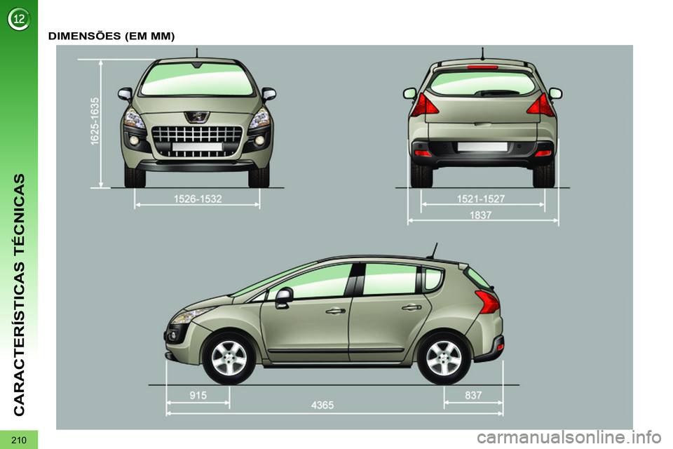 PEUGEOT 3008 2011.5 Manual de utilização (in Portuguese) 210
CARACTERÍSTICAS TÉCNICAS
DIMENSÕES (EM MM) PEUGEOT 3008 2011.5 Manual de utilização (in Portuguese) 210
CARACTERÍSTICAS TÉCNICAS
DIMENSÕES (EM MM)