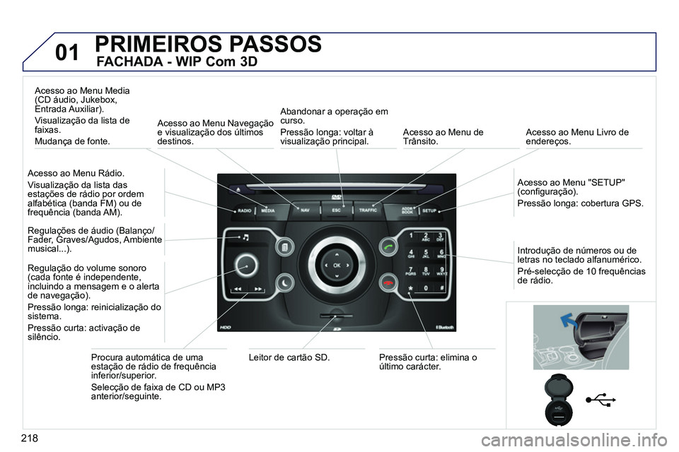 PEUGEOT 3008 2011.5 Manual de utilização (in Portuguese) 218
01 PRIMEIROS PASSOS
FACHADA - WIP Com 3D
Acesso ao Menu Rádio.
Visualização da lista das
estações de rádio por ordem
alfabética (banda FM) ou de
frequência (banda AM).
PEUGEOT 3008 2011.5 Manual de utilização (in Portuguese) 218
01 PRIMEIROS PASSOS
FACHADA - WIP Com 3D
Acesso ao Menu Rádio.
Visualização da lista das
estações de rádio por ordem
alfabética (banda FM) ou de
frequência (banda AM).