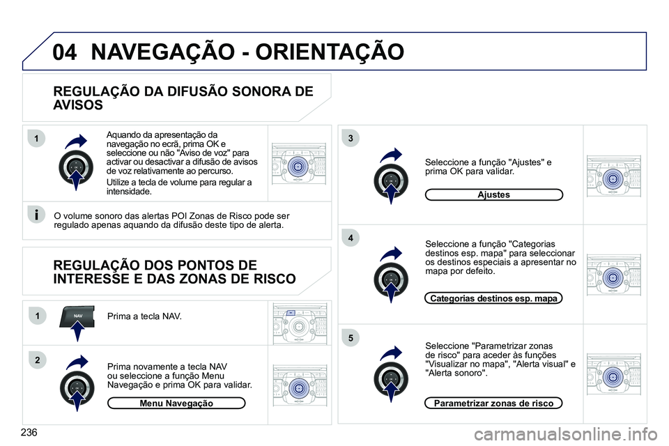 PEUGEOT 3008 2011.5  Manual de utilização (in Portuguese) 236
NAV
13
4
5
1
2
04
2ABC3DEF5JKL4GHI6MNO8TUV7PQRS9WXYZ0*#
1RADIO MEDIANAV ESC TRAFFIC
SETUPADDR
BOOK
2ABC3DEF5JKL4GHI6MNO8TUV7PQRS9WXYZ0*#
1RADIO MEDIANAV ESC TRAFFIC
SETUPADDR
BOOK
2ABC3DEF5JKL4GHI