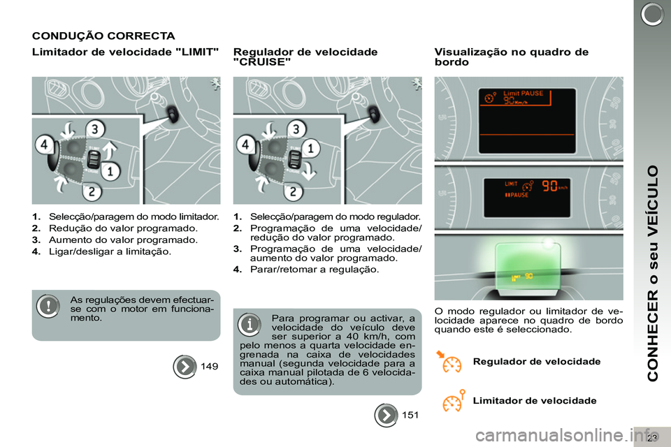 PEUGEOT 3008 2011.5  Manual de utilização (in Portuguese) 23
CONHECER o seu VEÍCULO
  CONDUÇÃO CORRECTA 
   
Limitador de velocidade "LIMIT" 
 
 
 
1. 
  Selecção/paragem do modo limitador. 
   
2. 
  Redução do valor programado. 
   
3. 
  Aumento do