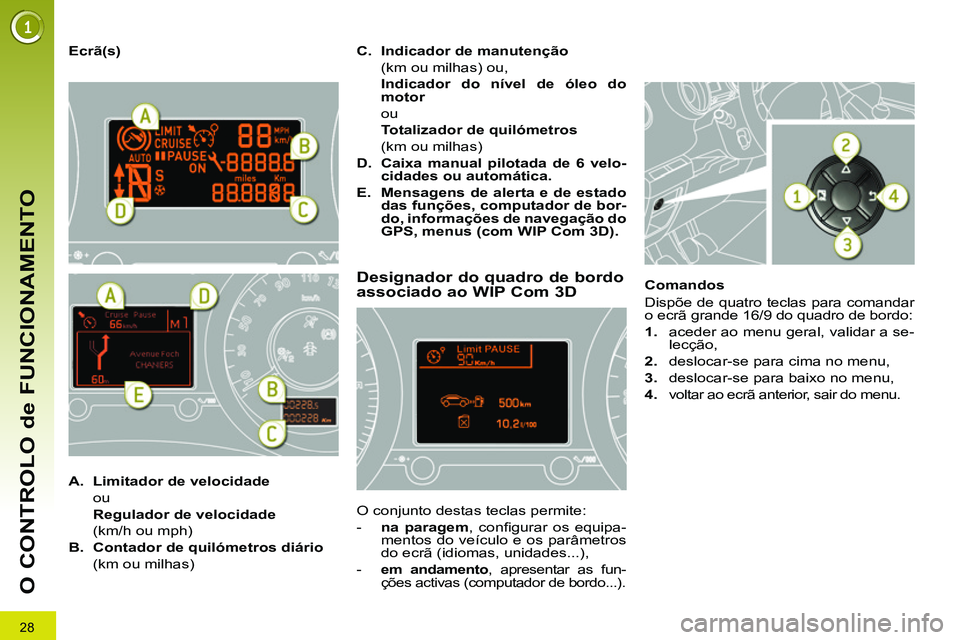 PEUGEOT 3008 2011.5  Manual de utilização (in Portuguese) 28
O CONTROLO de FUNCIONAMENTO
   
Ecrã(s) 
 
 
 
 
 
 
 
 
 
 
Designador do quadro de bordo 
associado ao WIP Com 3D 
  O conjunto destas teclas permite: 
   
 
-   na paragem 
, conﬁ gurar os eq