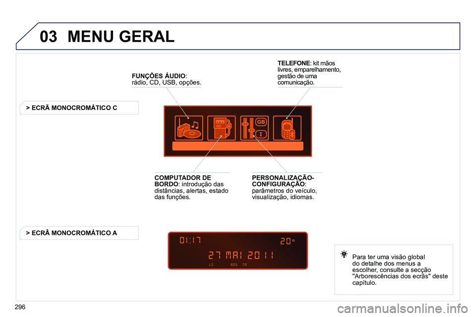PEUGEOT 3008 2011.5 Manual de utilização (in Portuguese) 296
03 MENU GERAL
FUNÇÕES ÁUDIO
:
rádio, CD, USB, opções.
> ECRÃ MONOCROMÁTICO C
Para ter uma visão global
do detalhe dos menus a
escolher, consulte a se PEUGEOT 3008 2011.5 Manual de utilização (in Portuguese) 296
03 MENU GERAL
FUNÇÕES ÁUDIO
:
rádio, CD, USB, opções.
> ECRÃ MONOCROMÁTICO C
Para ter uma visão global
do detalhe dos menus a
escolher, consulte a se