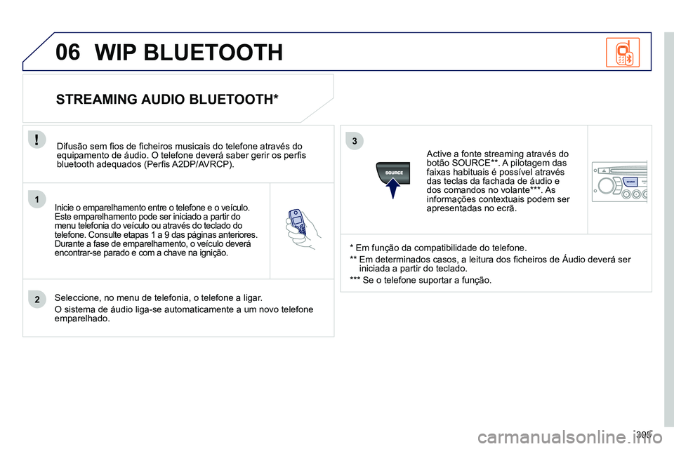 PEUGEOT 3008 2011.5 Manual de utilização (in Portuguese) 305
1
2
3
06
SOURCE
Inicie o emparelhamento entre o telefone e o veículo.
Este emparelhamento pode ser iniciado a partir do
menu telefonia do veículo ou através do teclado do
telefone. Consu PEUGEOT 3008 2011.5 Manual de utilização (in Portuguese) 305
1
2
3
06
SOURCE
Inicie o emparelhamento entre o telefone e o veículo.
Este emparelhamento pode ser iniciado a partir do
menu telefonia do veículo ou através do teclado do
telefone. Consu