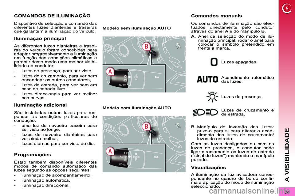 PEUGEOT 3008 2011.5  Manual de utilização (in Portuguese) 89
A VISIBILIDADE
   
 
 
 
 
 
 
 
 
 
 
 
 
 
COMANDOS DE ILUMINAÇÃO 
 
Dispositivo de selecção e comando das 
diferentes luzes dianteiras e traseiras 
que garantem a iluminação do veículo. 
