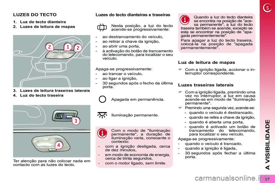 PEUGEOT 3008 2011.5  Manual de utilização (in Portuguese) 97
A VISIBILIDADE
   
 
 
 
 
 
 
 
 
 
 
 
 
 
LUZES DO TECTO 
 
 
 
1. 
  Luz do tecto dianteira 
 
   
2. 
  Luzes de leitura de mapas 
 
   
3. 
  Luzes de leitura traseiras laterais 
 
   
4. 
  