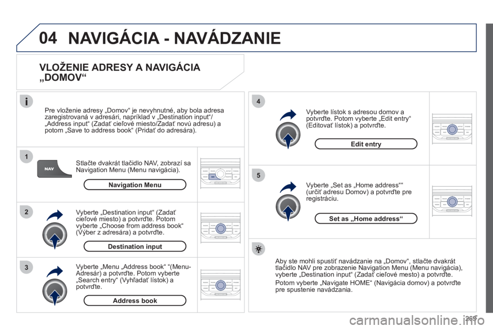PEUGEOT 3008 2011.5  Návod na použitie (in Slovakian) 269
04
1
2
3
5
4
  NAVIGÁCIA - NAVÁDZANIE
 
 
VLOŽENIE ADRESY A NAVIGÁCIA 
„DOMOV“ 
Stlačte dvakrát tlačidlo NAV, zobrazí sa 
Navigation Menu (Menu navigácia).    
Pre vloženie adres
y 