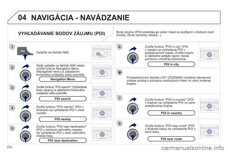 PEUGEOT 3008 2011.5  Návod na použitie (in Slovakian) 272
04
8
6
7
4
3
5
2
1
NAVIGÁCIA - NAVÁDZANIE 
   
VYHĽADÁVANIE BODOV ZÁUJMU (POI) 
 
 
Zatlačte na tlačidlo NAV.  
   
Op