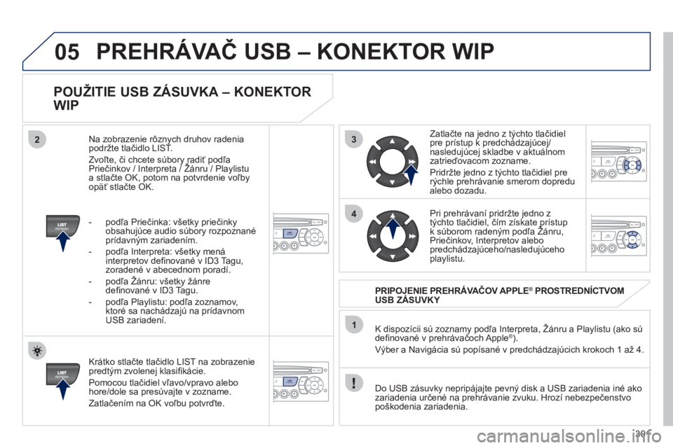PEUGEOT 3008 2011.5  Návod na použitie (in Slovakian) 301
3
4
05
2
1
LISTREFRESH
LISTREFRESH
   
POUŽITIE USB ZÁSUVKA – KONEKTOR 
WIP 
   
Krátko stlačte tlačidlo LIST na zobrazeniepredtým zvolenej klasiﬁ kácie.
  Pomocou tlačidiel vľavo/vpr