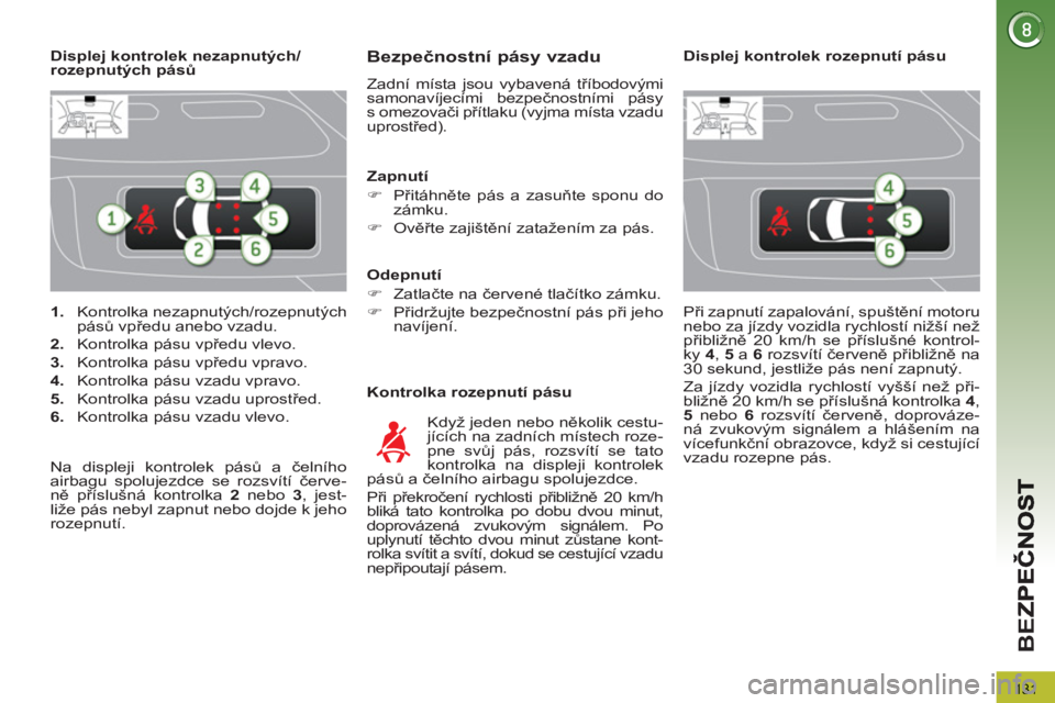 PEUGEOT 3008 2011.5  Návod na použití (in Czech) 131
BE
Z
   
 
1. 
 Kontrolka nezapnutých/rozepnutých 
pásů vpředu anebo vzadu. 
   
2. 
  Kontrolka pásu vpředu vlevo. 
   
3. 
  Kontrolka pásu vpředu vpravo. 
   
4. 
  Kontrolka pásu vza