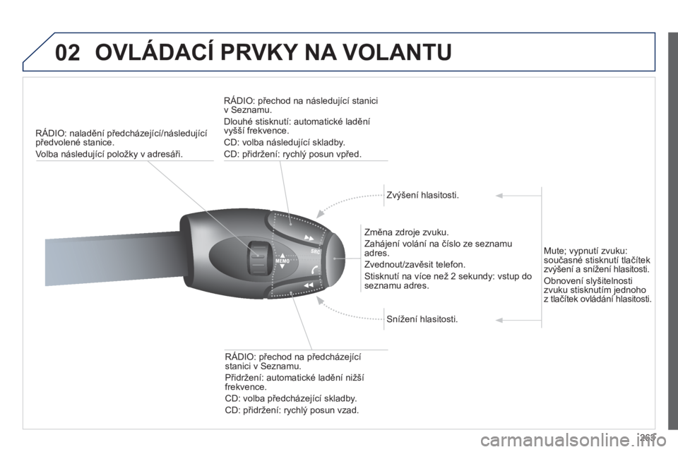 PEUGEOT 3008 2011.5  Návod na použití (in Czech) 263
02  OVLÁDACÍ PRVKY NA VOLANTU
RÁDIO: naladění předcházející/následující 
předvolené stanice.
Volba n
ásledující položky v adresáři.    
R