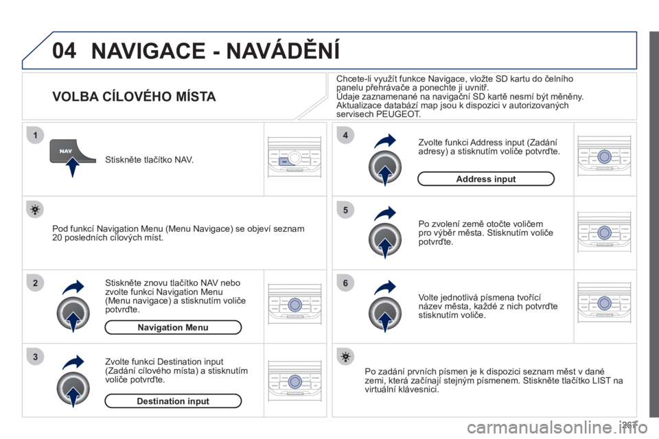 PEUGEOT 3008 2011.5  Návod na použití (in Czech) 267
04
1
2
3
5
6
4
  NAVIGACE - NAVÁDĚNÍ 
 
 
 
 
 
 
 
 
 
 
 
 
 
 
 
 
VOLBA CÍLOVÉHO MÍSTA 
Stiskněte znovu tlač