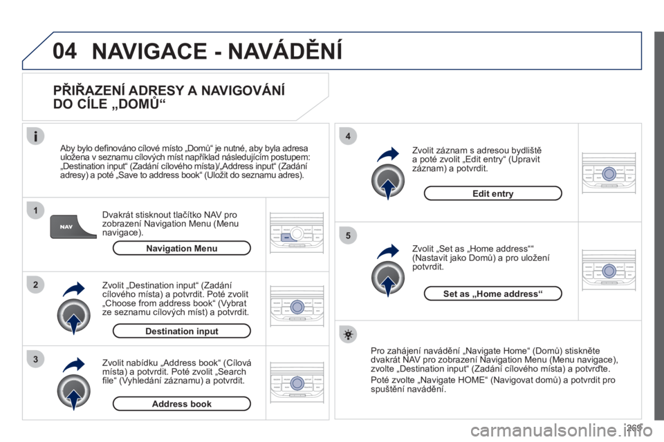 PEUGEOT 3008 2011.5  Návod na použití (in Czech) 269
04
1
2
3
5
4
  NAVIGACE - NAVÁDĚNÍ 
 
 
PŘIŘAZENÍ ADRESY A NAVIGOVÁNÍ 
DO CÍLE „DOMŮ“ 
Dvakrát stisknout tlačítko NAV pro
zobrazení Navigation Menu (Menu
navigace).     
Aby bylo