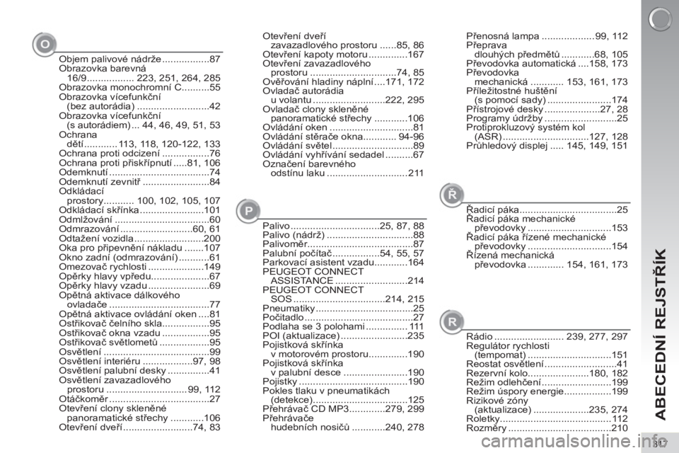 PEUGEOT 3008 2011.5  Návod na použití (in Czech) 317
ABECEDNÍ REJSTŘÍK
PŘ
O
Palivo ................................25, 87, 88
Palivo (nádrž) ...............................88
Palivoměr......................................87
Palubní počíta