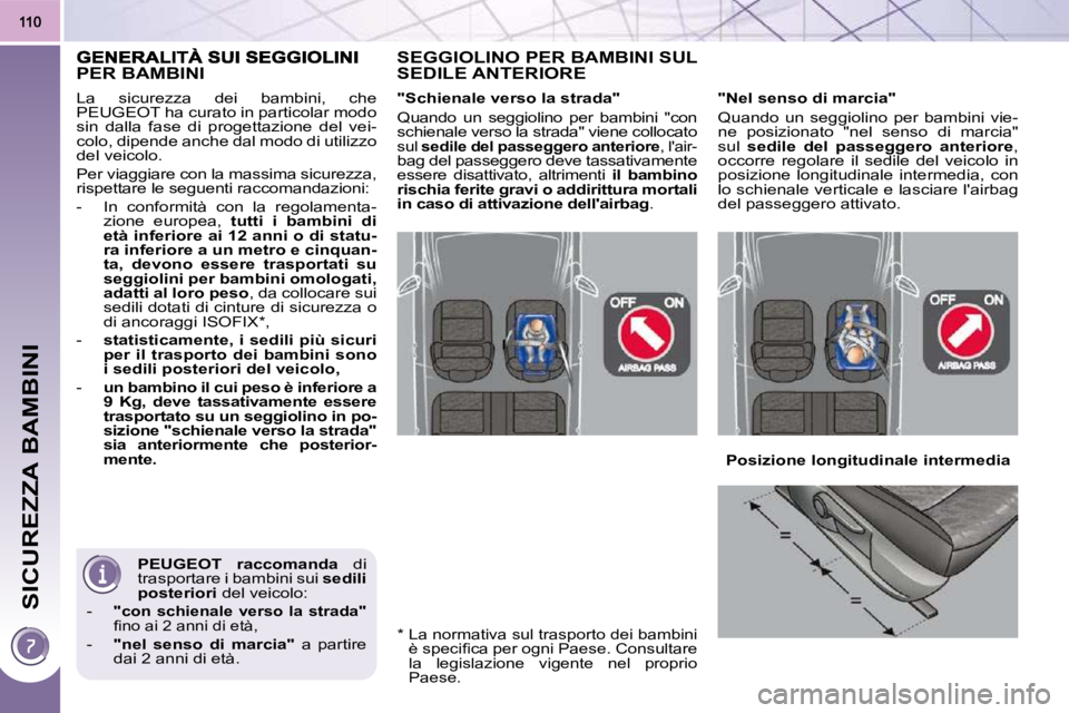 PEUGEOT 3008 2010.5  Manuale duso (in Italian) SICUREZZA BAMBINI
 PEUGEOT    
raccomanda    di 
trasportare i bambini sui   sedili 
posteriori   del veicolo: 
   -  
 
"con  schienale  verso  la  strada"   
�ﬁ� �n�o� �a�i� �2� �a�n�n�i� �d�i� �e