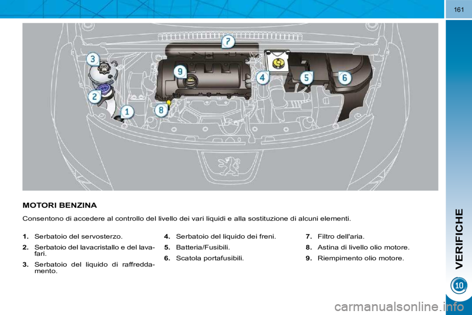 PEUGEOT 3008 2010.5  Manuale duso (in Italian) VERIFICHE
161
MOTORI BENZINA 
� �C�o�n�s�e�n�t�o�n�o� �d�i� �a�c�c�e�d�e�r�e� �a�l� �c�o�n�t�r�o�l�l�o� �d�e�l� �l�i�v�e�l�l�o� �d�e�i� �v�a�r�i� �l�i�q�u�i�d�i� �e� �a�l�l�a� �s�o�s�t�i�t�u�z�i�o�n�e