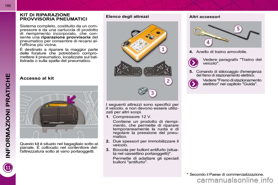 PEUGEOT 3008 2010.5  Manuale duso (in Italian) INFORMAZIONI PRATICHE
166
             KIT DI RIPARAZIONE PROVVISORIA PNEUMATICI 
 Questo kit è situato nel bagagliaio sotto al  
pianale.  È  collocato  nel  contenitore  del-
lattrezzatura sotto 