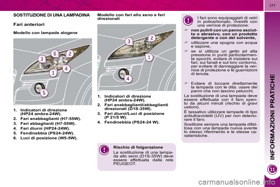 PEUGEOT 3008 2010.5  Manuale duso (in Italian) INFORMAZIONI PRATICHE
177
  Rischio di folgorazione  
 La  sostituzione  di  una  lampa- 
da allo xeno (D1S-35W) deve 
essere  effettuata  dalla  rete 
PEUGEOT.   
         SOSTITUZIONE DI UNA LAMPADI