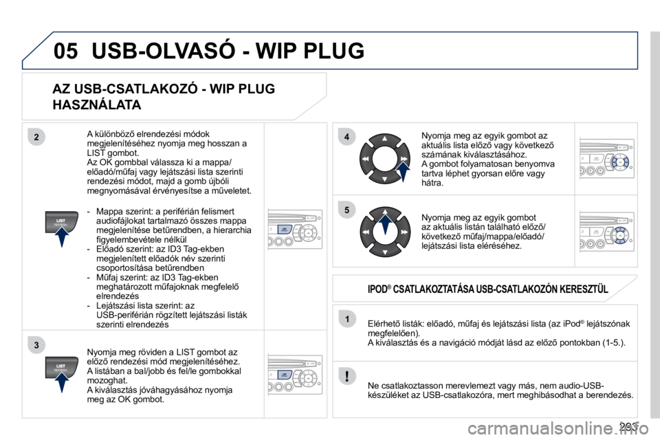PEUGEOT 3008 2010.5  Kezelési útmutató (in Hungarian) 293
05
42
3
1
5
 USB-OLVASÓ - WIP PLUG 
  AZ USB-CSATLAKOZÓ - WIP PLUG 
HASZNÁLATA 
� � �N�y�o�m�j�a� �m�e�g� �r�ö�v�i�d�e�n� �a� �L�I�S�T� �g�o�m�b�o�t� �a�z� �e�l5�z5� �r�e�n�d�e�z�é�s�i� �m�
