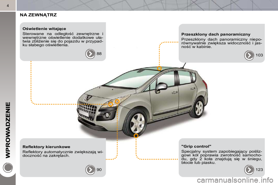 PEUGEOT 3008 2010.5  Instrukcja obsługi (in Polish) 4
� �N�A� �Z�E�W�N!�T�R�Z� � 
� � �O�w�i�e�t�l�e�n�i�e� �w�i�t�a�j"�c�e�  
� �S�t�e�r�o�w�a�n�e�  �n�a�  �o�d�l�e�g�ł�o;�ć�  �z�e�w�n
�t�r�z�n�e�  �i�  
�w�e�w�n
�t�r�z�n�e�  �o;�w�i�e�t