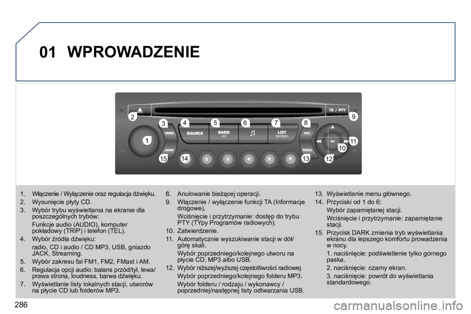 PEUGEOT 3008 2010.5  Instrukcja obsługi (in Polish) 286
01
1
22
10101111
131314141515
33445566778899
1212
 WPROWADZENIE 
� � � � � � � �1�.� �  �W�ł"�c�z�e�n�i�e� �/� �W�y�ł"�c�z�e�n�i�e� �o�r�a�z� �r�e�g�u�l�a�c�j�a� �dE�w�i
�k�u�.� 
� �