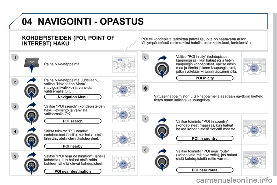 PEUGEOT 3008 2010.5  Omistajan Käsikirja (in Finnish) 225
04
2
ABC 3
DEF
5
JKL
4
GHI 6
MNO8
TUV
7
PQRS 9
WXYZ0
* #
1
RADIO MEDIA
NAVESC TRAFFIC
SETUP
ADDR 
BOOK
2
ABC 3
DEF
5
JKL
4
GHI 6
MNO8
TUV
7
PQRS 9
WXYZ0
* #
1
RADIO MEDIA
NAV ESC TRAFFIC
SETUP
ADD