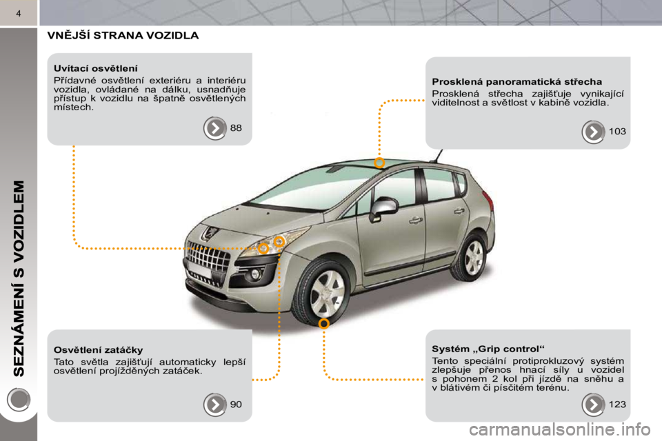 PEUGEOT 3008 2010.5  Návod na použití (in Czech) 4
� �V�N(�J�Š�Í� �S�T�R�A�N�A� �V�O�Z�I�D�L�A� � 
� � �U�v�í�t�a�c�í� �o�s�v)�t�l�e�n�í�  
� �P9�í�d�a�v�n�é�  �o�s�v)�t�l�e�n�í�  �e�x�t�e�r�i�é�r�u�  �a�  �i�n�t�e�r�i�é�r�u�  
�v�o�z�