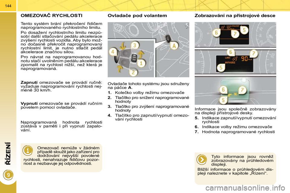 PEUGEOT 3008 2010.5  Návod na použití (in Czech) 144
�O�M�E�Z�O�V�A�Č� �R�Y�C�H�L�O�S�T�I� 
� �O�v�l�a�d�a�č�e� �t�o�h�o�t�o� �s�y�s�t�é�m�u� �j�s�o�u� �s�d�r�u�ž�e�n�y�  
�n�a� �p�á�č�c�e� � A . 
   
�1�. � �  �K�o�l�e�č�k�o� �v�o�l�b�y� �r�