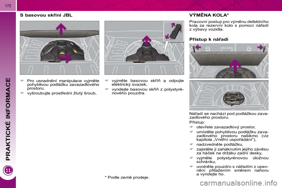 PEUGEOT 3008 2010.5  Návod na použití (in Czech) PRAKTICKÉ INFORMACE
�1�7�2
� �V�Ý�M(�N�A� �K�O�L�A� �*� � 
� �N�á9�a�d�í� �s�e� �n�a�c�h�á�z�í� �p�o�d� �p�o�d�l�á�ž�k�o�u� �z�a�v�a�- 
�z�a�d�l�o�v�é�h�o� �p�r�o�s�t�o�r�u�.�  
� �P9�í�s
