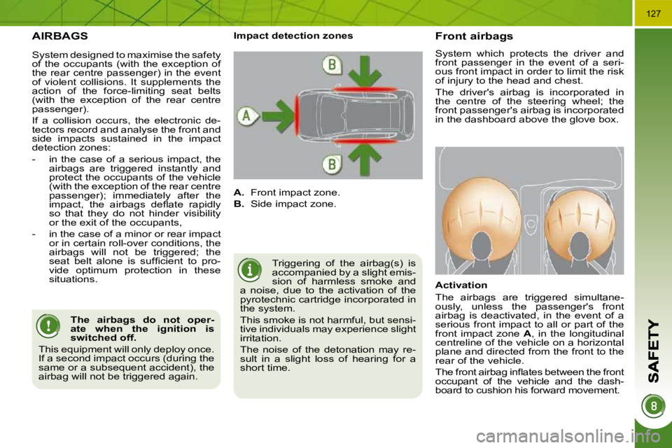 PEUGEOT 3008 2010  Owners Manual 127
 AIRBAGS 
 Triggering  of  the  airbag(s)  is  
accompanied by a slight emis-
sion  of  harmless  smoke  and 
a  noise,  due  to  the  activation  of  the 
pyrotechnic cartridge incorporated in 
t