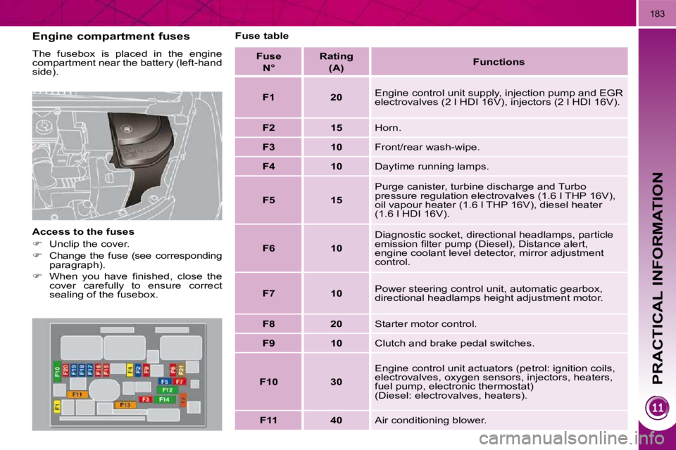PEUGEOT 3008 2010  Owners Manual PRACTICAL INFORMATION
183
  Engine compartment fuses  
� �T�h�e�  �f�u�s�e�b�o�x�  �i�s�  �p�l�a�c�e�d�  �i�n�  �t�h�e�  �e�n�g�i�n�e�  
�c�o�m�p�a�r�t�m�e�n�t� �n�e�a�r� �t�h�e� �b�a�t�t�e�r�y� �(�l�