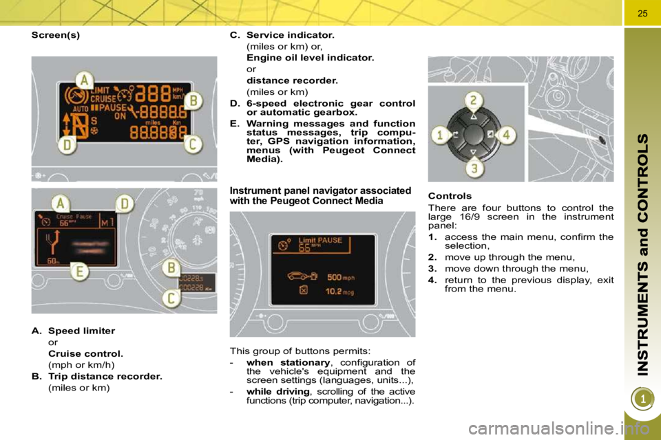 PEUGEOT 3008 2010 Owners Manual 25
  Screen(s) 
Instrument panel navigator associated with the Peugeot Connect Media 
 This group of buttons permits:  
   -    when  stationary � �,�  �c�o�n�ﬁ� �g�u�r�a�t�i�o�n�  �o�f� 
the  vehic