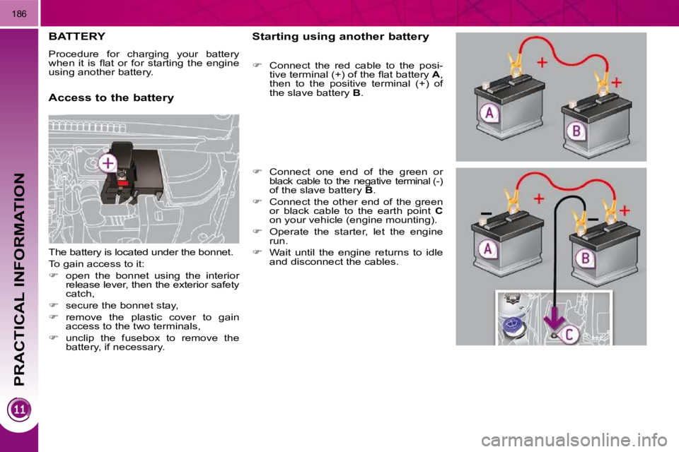 PEUGEOT 3008 2010  Owners Manual PRACTICAL INFORMATION
186
BATTERY 
 Procedure  for  charging  your  battery  
�w�h�e�n�  �i�t�  �i�s�  �ﬂ� �a�t�  �o�r�  �f�o�r�  �s�t�a�r�t�i�n�g�  �t�h�e�  �e�n�g�i�n�e� 
�u�s�i�n�g� �a�n�o�t�h�e�