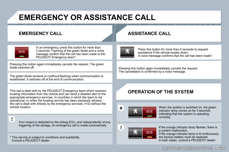 PEUGEOT 3008 2010  Owners Manual 201
EMERGENCY OR ASSISTANCE CALL 
  EMERGENCY CALL   ASSISTANCE CALL 
  OPERATION OF THE SYSTEM 
  In an emergency, press this button for more than 2 seconds. Flashing of the green diode and a voice �