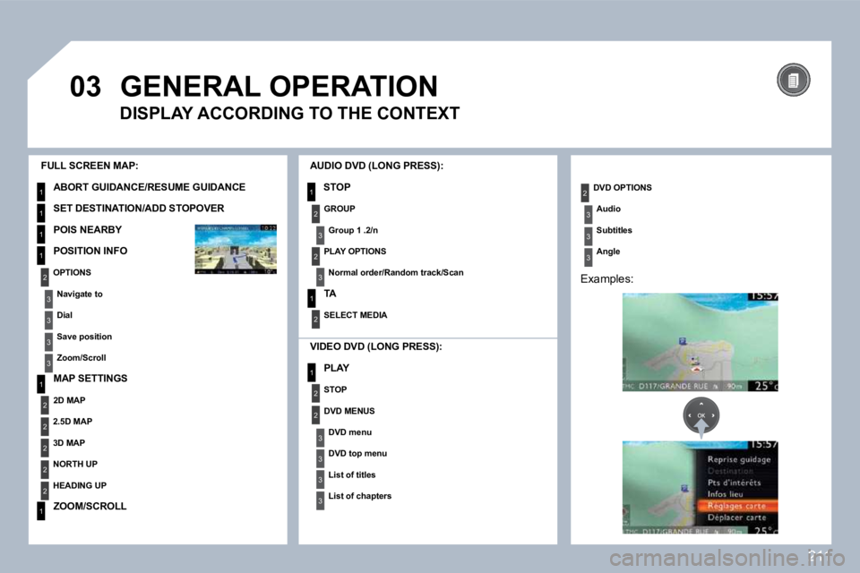 PEUGEOT 3008 2010  Owners Manual 211
 
�0�3
1
1
1
1
1
2
1
2
2
2
2
2
1
3
3
3
31
2
2
3
3
3
3
2
3
2
3
1
2
2
3
3
3
 GENERAL OPERATION 
  DISPLAY ACCORDING TO THE CONTEXT 
  FULL SCREEN MAP: 
 ABORT GUIDANCE/RESUME GUIDANCE 
� �S�E�T� �D�
