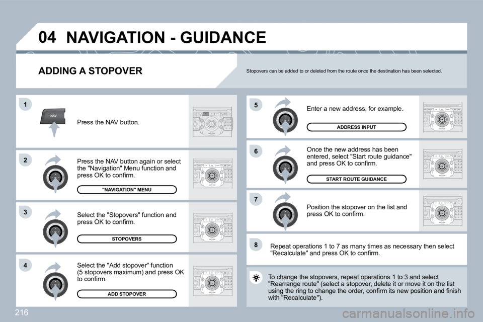 PEUGEOT 3008 2010  Owners Manual 216
NAV
�5
�6
�7
�1
�2
�3
�4
�8
�0�4
� � �A�D�D�I�N�G� �A� �S�T�O�P�O�V�E�R� 
 Enter a new address, for example. 
 Once the new address has been entered, select "Start route guidance" �a�n�d� �p�r�e�s