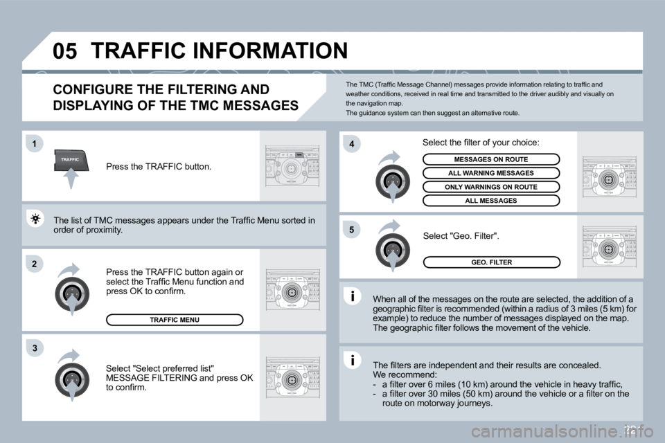 PEUGEOT 3008 2010  Owners Manual 221
TRAFFIC
�0�5
�1
�2
�4
�5
�3
 TRAFFIC INFORMATION 
CONFIGURE THE FILTERING AND 
DISPLAYING OF THE TMC MESSAGES 
  When all of the messages on the route are selected, the addition of a �g�e�o�g�r�a�