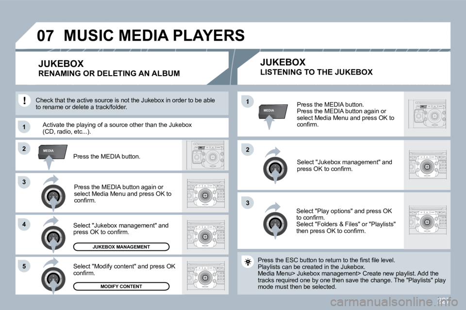 PEUGEOT 3008 2010  Owners Manual 227
�3�3
�2�2MEDIA
�3�3
�4�4
�5�5
�2�2
MEDIA�1
�1�1
�0�7
  Press the MEDIA button.  Press the MEDIA button again or select Media Menu and press OK to �c�o�n�ﬁ� �r�m�.� � 
� � �S�e�l�e�c�t� �"�J�