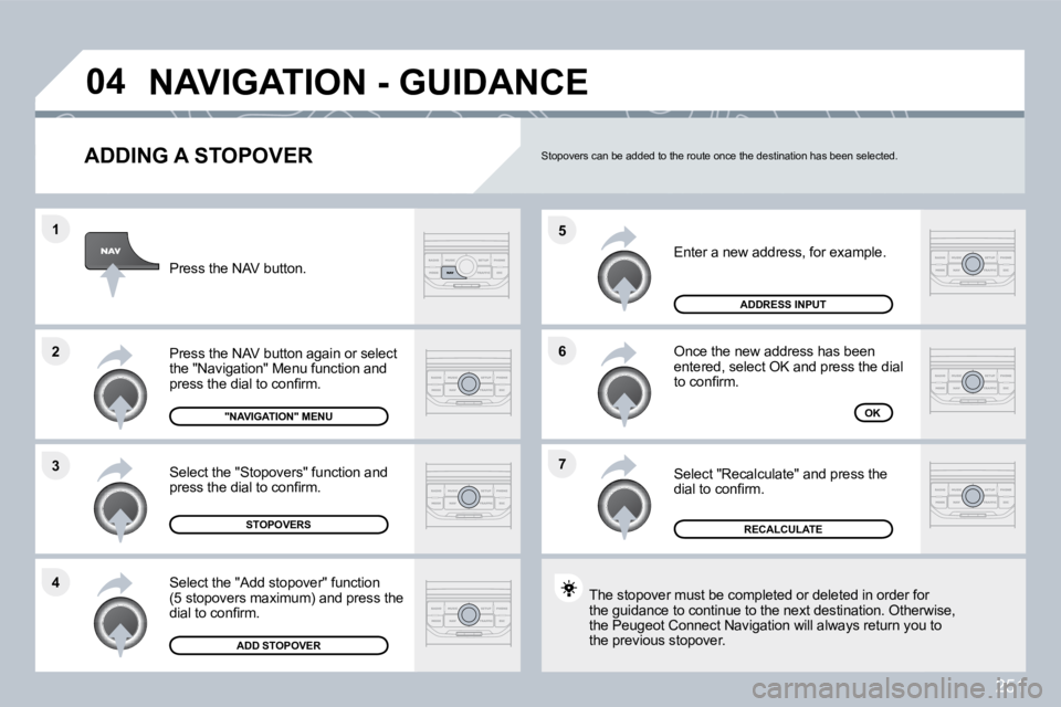 PEUGEOT 3008 2010  Owners Manual 251
�7
�6
�5
�4
�3
�2
�1
�0�4
� � �A�D�D�I�N�G� �A� �S�T�O�P�O�V�E�R� 
� �E�n�t�e�r� �a� �n�e�w� �a�d�d�r�e�s�s�,� �f�o�r� �e�x�a�m�p�l�e�.� 
 Once the new address has been �e�n�t�e�r�e�d�,� �s�e�l�e�