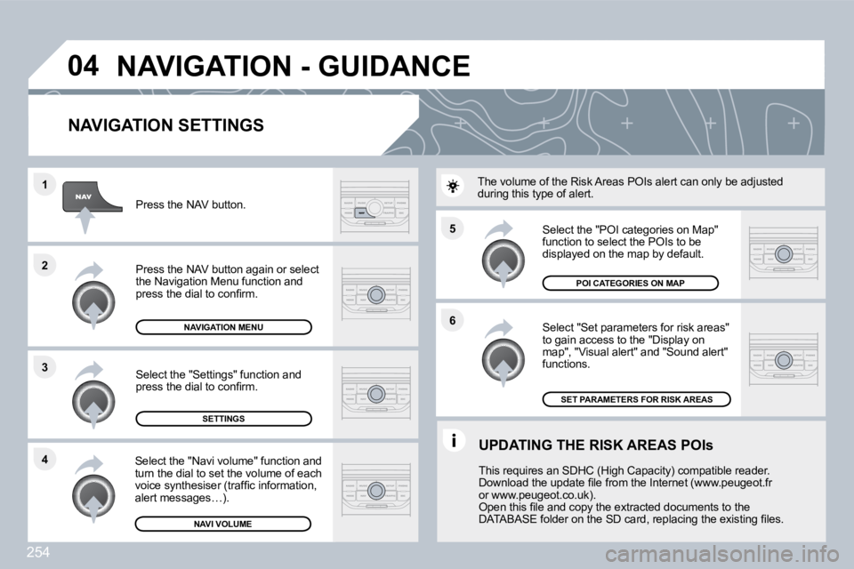 PEUGEOT 3008 2010  Owners Manual 254
�5 
�6
�3
�2
�1
�4
�0�4
� � �N�A�V�I�G�A�T�I�O�N� �S�E�T�T�I�N�G�S� 
� � �S�e�l�e�c�t� �"�S�e�t� �p�a�r�a�m�e�t�e�r�s� �f�o�r� �r�i�s�k� �a�r�e�a�s�"� to gain access to the "Display on �m�