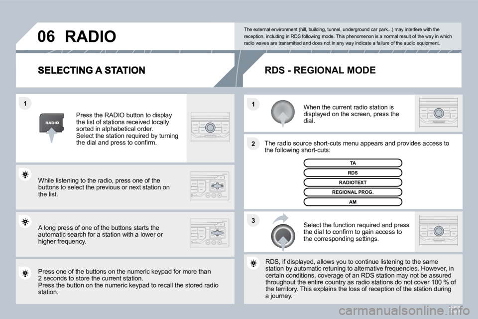 PEUGEOT 3008 2010  Owners Manual 257
�3
�2
�1
�1
�0�6
  When the current radio station is displayed on the screen, press the dial.  
� � �T�h�e� �r�a�d�i�o� �s�o�u�r�c�e� �s�h�o�r�t�-�c�u�t�s� �m�e�n�u� �a�p�p�e�a�r�s� �a�n�d� �p�r�o